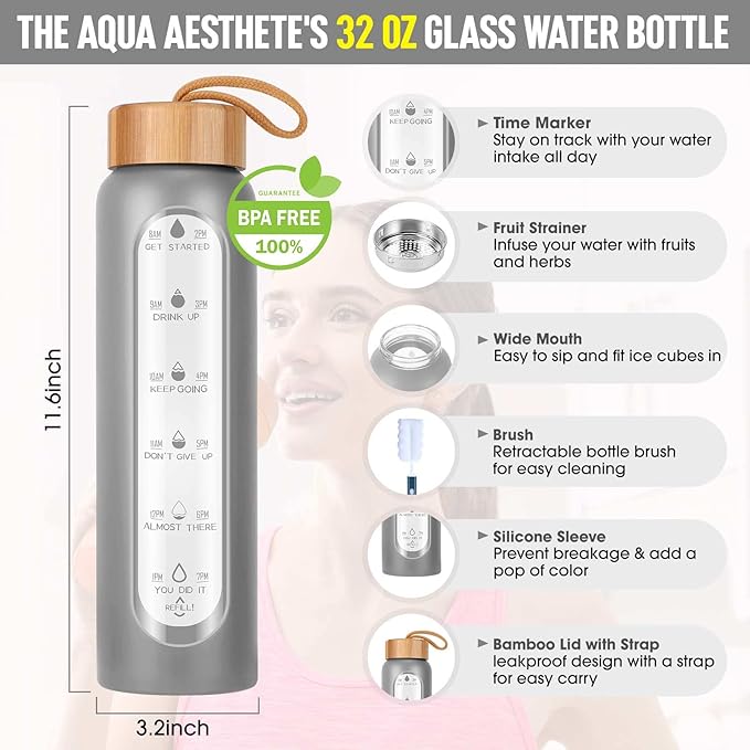 Aqulea Glass Water Bottles 32 Oz with Silicone Sleeve - BPA Free Reusable Wide Mouth Glass Motivational Water Bottles with Fruit Infuser – Leak Proof Borosilicate Water Bottle with Time Marker (Grey)