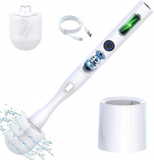 Electric Toilet Brush, HKFIF Toilet Brush with Holder, 360 Degree Powerful Cleaning Easily Eliminate Stains and Residue, 2 Speeds Rechargeable Motorized Toilet Scrubber