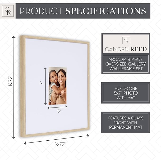 Camden Reed Arcadia 8 Piece Oversized Gallery Wall Frame, 16x20 and 16x16 Inch Matted Frames for Featuring 8x10 and 5x7 Inch Photographs or Art Prints, Natural Finish