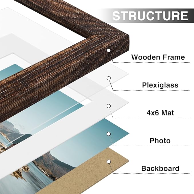 Vittanly 6x8 Picture Frames Set of 9, Shatter Resistant Plexiglass, Display 4x6 Pictures with Mat or 6x8 without Mat, Photo Frames for Wall or Tabletop, Engineered Wood, Brown