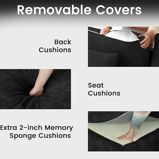 JACH U-Shaped Sectional Couches for Living Room, Cloud Sectional Couch with Deep Seat, 155.9" Modular Sofa with Chaise, Covers Removeable & Washable, Sofas Furniture for Living Room, Black