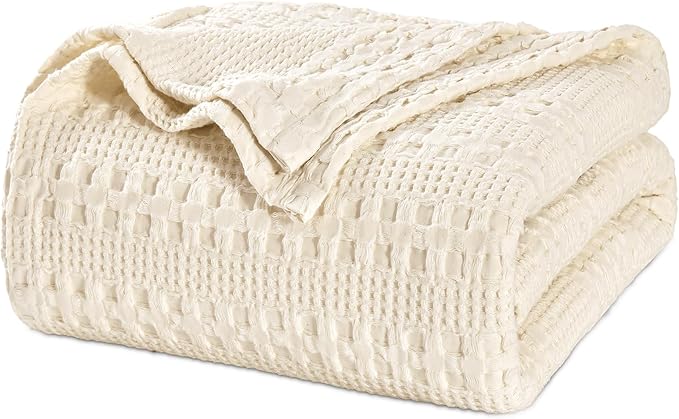 PHF 100% Cotton Waffle Weave Blanket King Size, Soft Lightweight Breathable Cozy Summer Blankets for Bed, Luxury Aesthetic Woven Bedding for Home Decor, 108"x90", Undyed