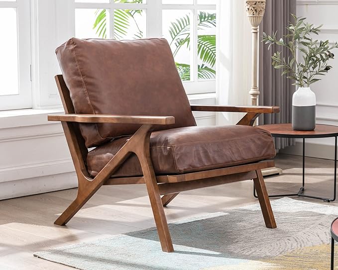 HNY Mid Century Arm Chairs Set of 2, Retro Accent Armchair with Wood Frames & Faux Leather Upholstered Removable Cushions, Leisure Reading Chair Slipper Chair for Living Room Bedroom, Brown