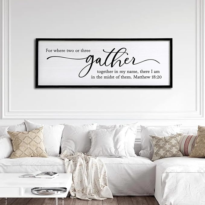 For Where Two Or Three Gather Sign Dining Room kitchen Wall Decor Bible Verse Scripture Matthew 18:20 Wooden Frame 32X12 Inch for Christian Family Hanging Art (Black)