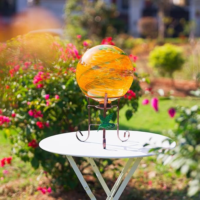 10 Inch Glass Gazing Ball, with 9.4" Tall Metal Gazing Globe Stand, Glass Balls Display Holder Set for Outdoor Garden Lawn Yard Decoration, Sunset Sky