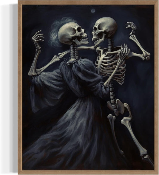 Dancing Skeleton Poster Art Print, Halloween Scary Vintage Wall Art Academia Spooky Painting Decoration for Horror Prints, Gothic Posters Bedroom Decor 89 (Dancing Skeleton, 8 x 10 inches, Wood Frame)