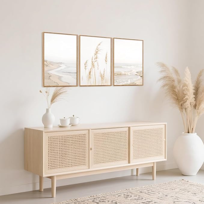 HPNIUB Modern Beach Artwork Seascape Wall Art, Seaside Framed Painting Reed Pathway Picture, Minimalist Neutral Coastal Landscape Wall Decor for Living Room,Bathroom -16'' x24'' x3