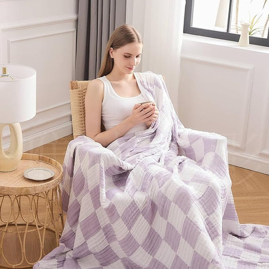 EMME Checkered Cotton Blanket Queen Size for Bed Soft Large Muslin Bed Blankets 80"x90" Lightweight Breathable Cooling All Season, Lavender