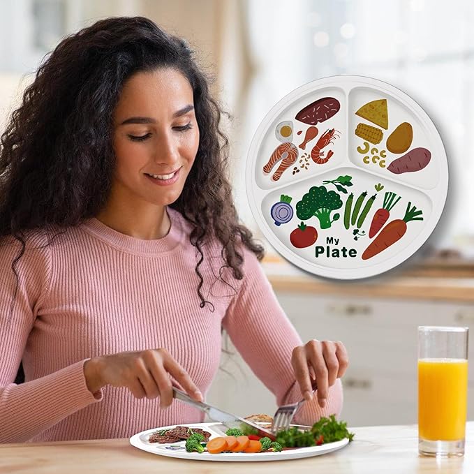 10" 3-Grid Cute Cartoon Portion Control Plate - Melamine, Healthy Nutrition for Weight Loss & Diabetes Management, Ideal for Adults & Teens Kids (2 Pack)