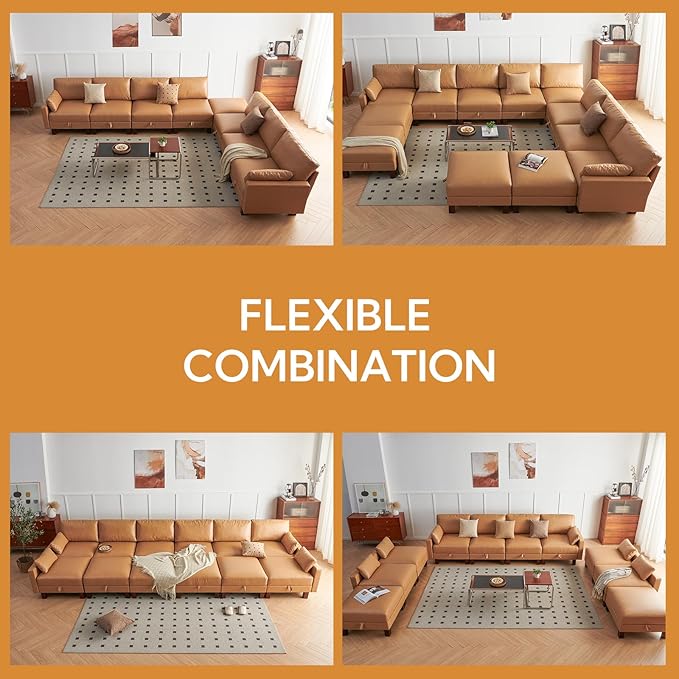 128'' Sleeper Couch, Large Sofa Bed with Storage, Faux Leather 8 Seater Sofa, Mid Century Modern Couch Sofa for Living Room, Guest Room, House, Apartment, Office, Loft, Tan