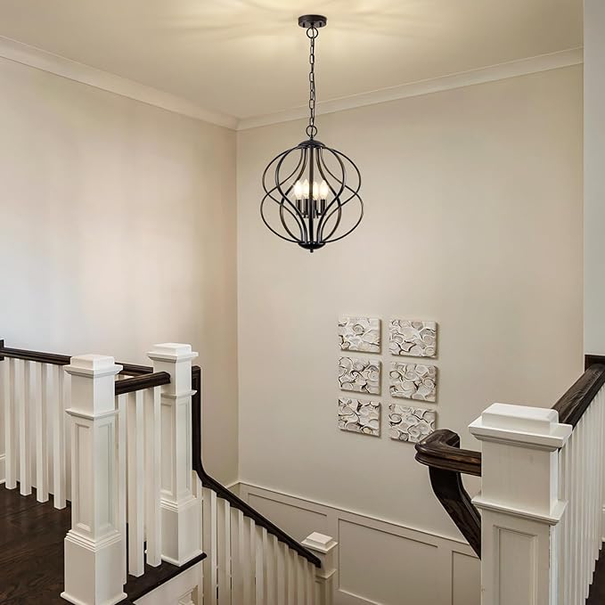Modern Black Chandelier for Dining Room, 4 Lights Geometric Chandeliers, Sphere Chandelier Industrial Large Pendant Light Fixtures Hanging for Kitchen, Entryway, Foyer, Stairs