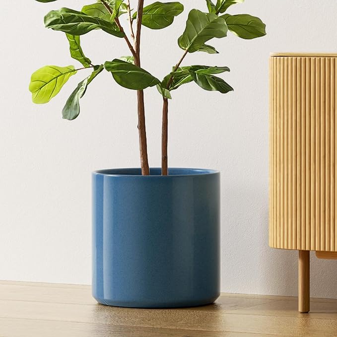 LE TAUCI 12 Inch Pots for Plants, Ceramic Large Plant Pot for Indoor Plants, Mid-Century Modern Flower Planter Pots with Drainage Hole and Removable Plug, Round Planter Pot, Reactive Glaze Blue