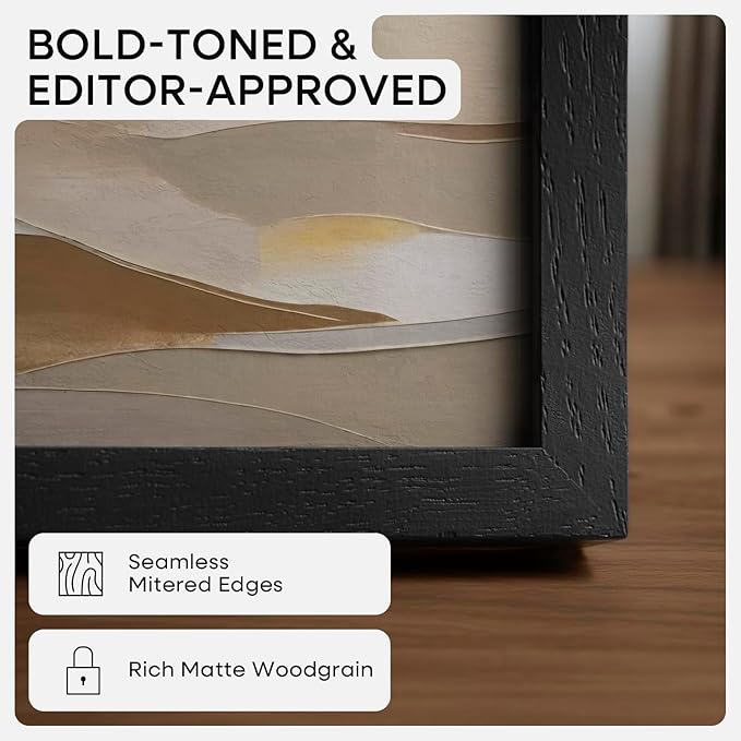 Homeforia A4 Picture Frame Black Wood, High-End Oak 8.3 x 11.7 Black Poster Frames Matted to 5.8 by 8.3 Photo, 8.3x11.7 Size Wooden Frame with Mat for 5.8x8.3 Print, Tempered Glass, Wall Kit, Set of 1