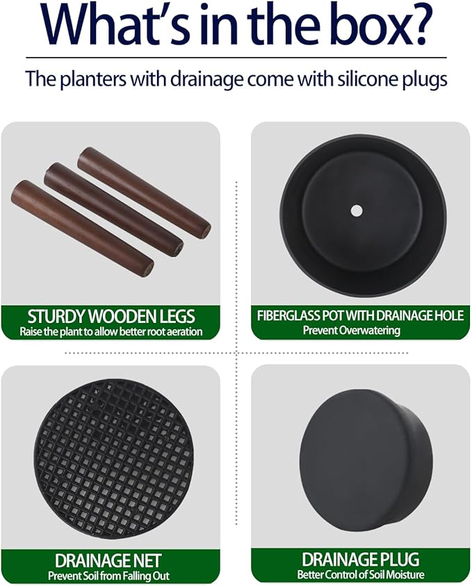 10 & 12 Inches Plant Pot with Stand Set of 2, Large Matte Gray Modern Planters for Indoor Outdoor Plants with Drainage Holes, Big Flower Pots with Wood Legs