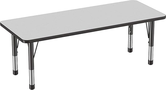 FDP Rectangle Activity School and Classroom Kids Table (24 x 60 inch), Chunky Toddler Legs, Adjustable Height 15-24 inches - Gray Top and Black Edge