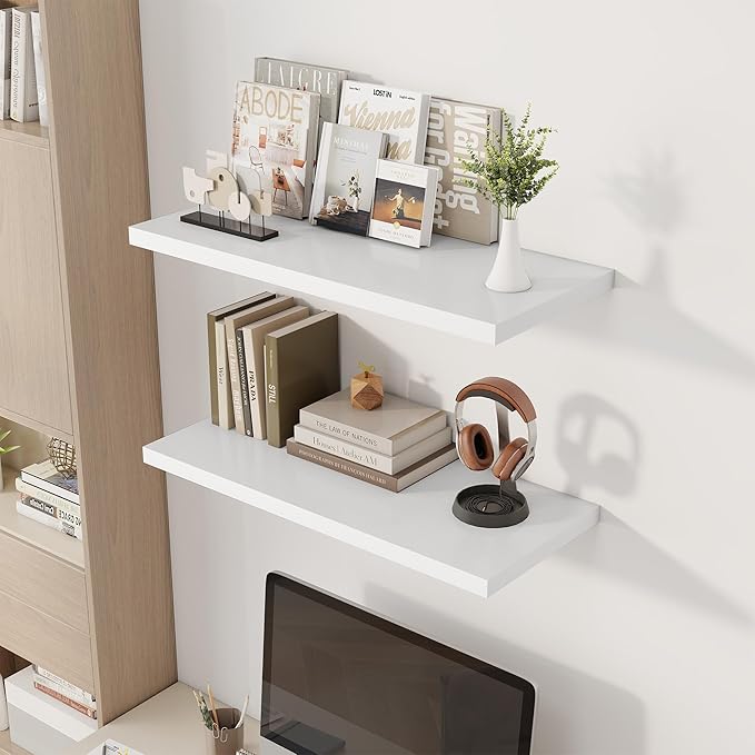 32" Floating Shelves for Wall, 12" Deep Slim White Floating Shelves, Wall-Mounted Shelves for Bedroom, Living Room, Kitchen, Bathroom - Set of 2