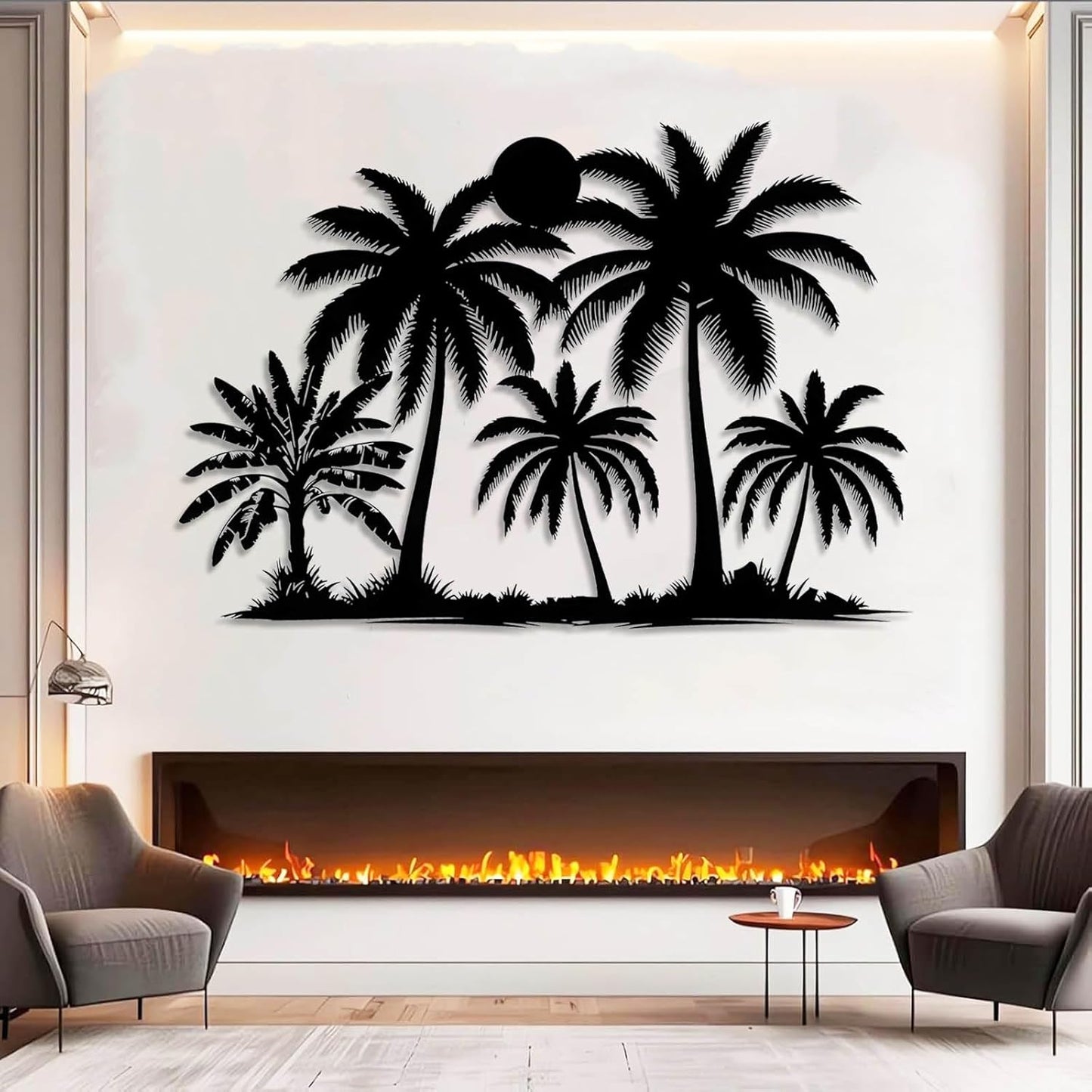 Tuglona Metal Palm Tree with Sunset Wall Decor, Tropical Palm Tree Metal Wall Art, Tropical Wall Decor, Sun Wall Art, Beach Wall Decoration, Coastal Trees Wall Hanging (Silver, 48"x33"/121x84cm)