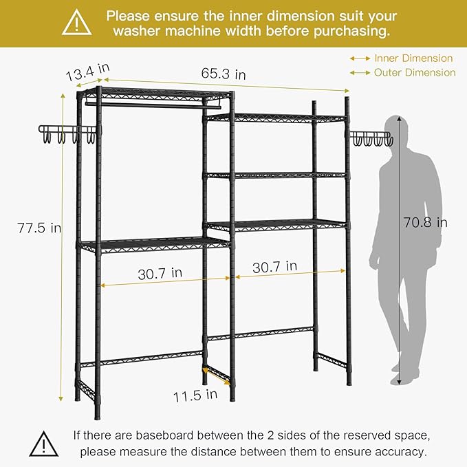 Ulif 65.3" W x 13.4" D x 77.5" H Clothes Drying Rack, 5 Tiers Over Washer and Dryer Laundry Room Storage and Organizer, Heavy-Duty Space Saver, Black