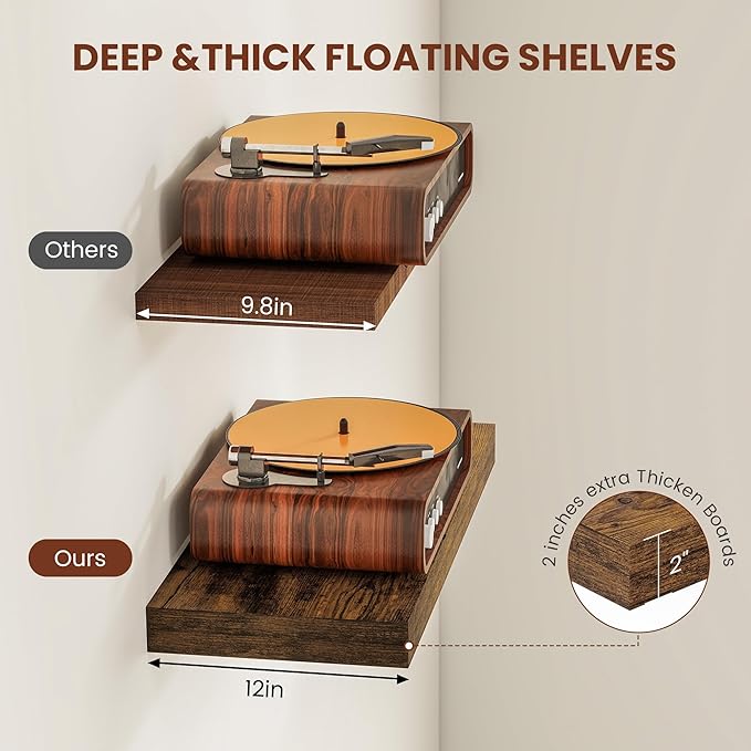 12" Deep Floating Shelves for Wall 24 Inches Long, Heavy Duty Wall Shelves for Bedroom Bathroom Kitchen Laundry Room, Farmhouse Rustic Shelves for Home Decor, 24" X 12" X 2" Set Of 2, Rustic Brown