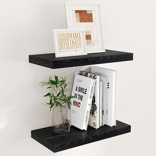 Fun Memories Black Floating Shelves 16 Inch Long, 9 Inch Deep Wall Shelf for Bathroom, 16 x 9 Floating Shelf for Living Room, Bedroom, Kitchen, Rustic Wood Shelves for Wall, Set of 2