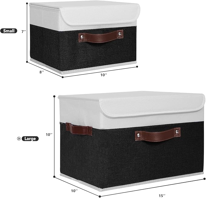 ANMINY Storage Boxes with Lids Washable Decorative Storage Bins Basket with PU Leather Handle Foldable Linen Fabric Storage Cubes Containers for Home Closet Organizer - Black White, Large Size