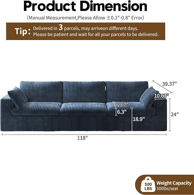 118" 3-Seater Cloud Sofa,Modular Sectional Couch,Modern Deep Seat Upholstered Couches with Plush Corduroy Fabric for Living Room Furniture,Bedroom and Apartment,No Assembly Required,Blue