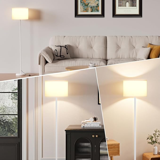 Ambimall 60'' Modern Floor Lamp with Shade, Tall Lamps for Living Room, Bedroom, Office, Dining Room, White Shade with White Pole(Without Bulb)