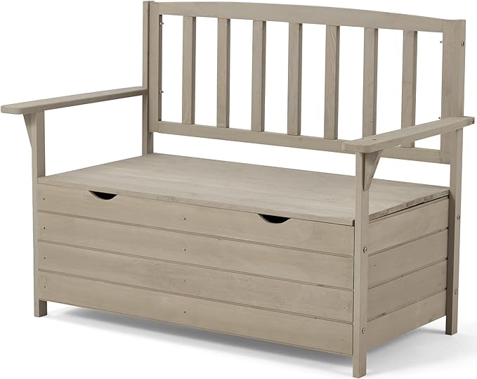 AVAWING Outdoor Storage Bench, Wooden Garden Bench Weatherproof, Patio Benches for Outside, 2-Seat Front Porch Bench, Park Bench for Deck, Lawn, Backyard (Light Gray)