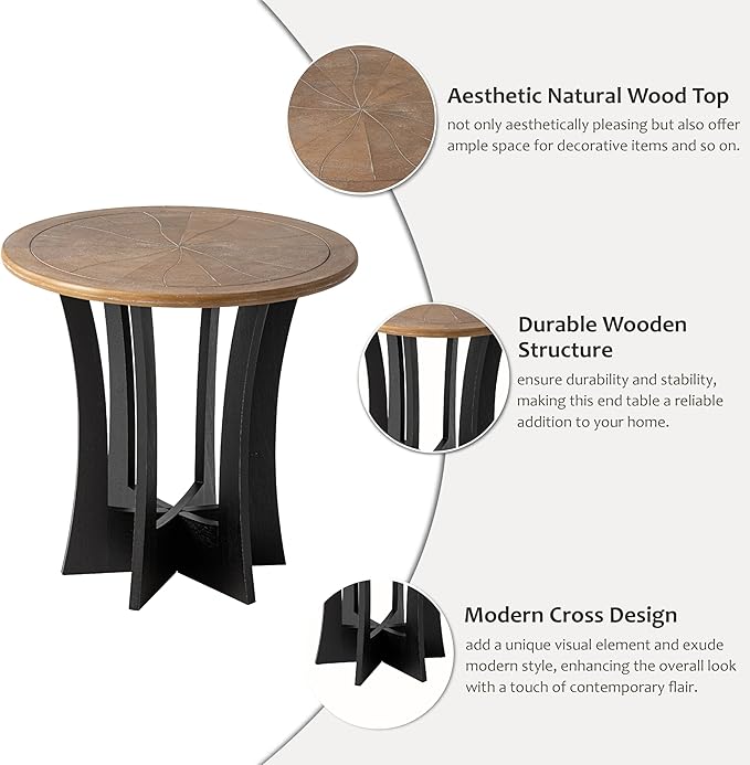 Farmhouse Round End Table X 2P with Criss-Cross Wood Legs, Rustic French Country Side Table for Dinning or Living Room, Modern, Black, Natural Wood, 23.62’’W*23.62’’D*23.22’’H