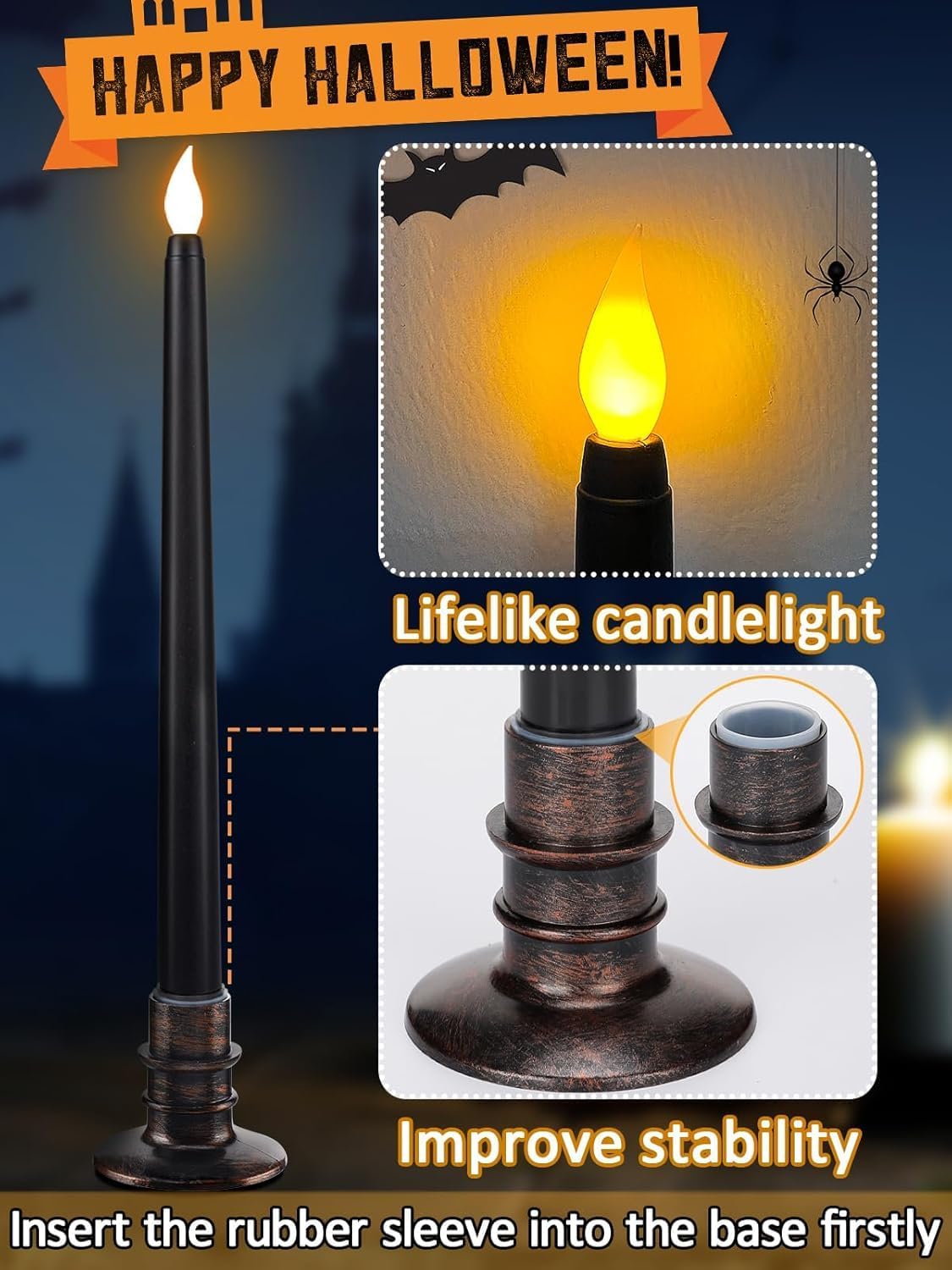 Alphatool 24 Pcs Halloween Black LED Flameless Candles with Bases - Flicker Flame, Tall Taper Smokeless Dripless Candles, Decor for Fireplace Diningtable Bar School