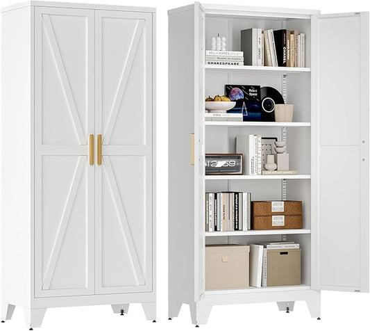 71'' Farmhouse Metal Storage Cabinet with Barn Doors,Steel File Cabinet for Home Office,Kitchen Pantry 4 Adjustable Shelves,Freestanding Cupboard for Kitchen,for Home Office,School (White)