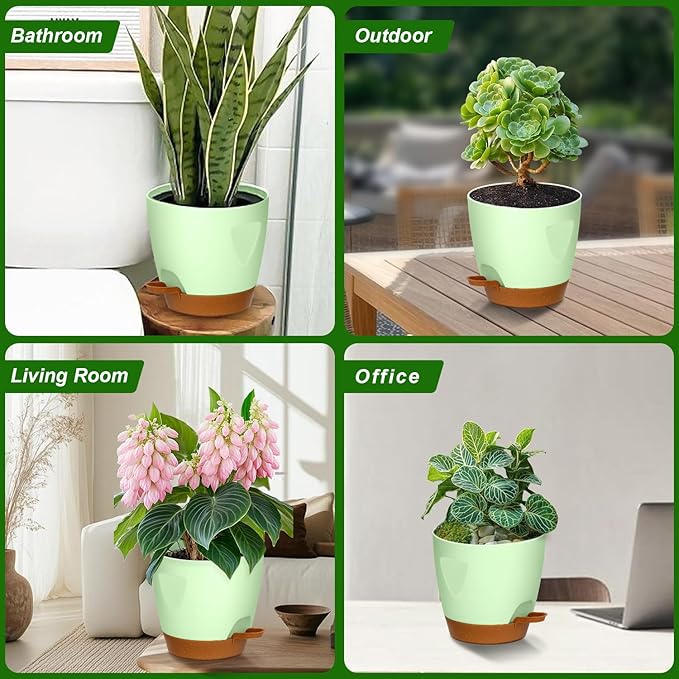 Uneed Indoor Self Watering Planters with Drainage Holes and Saucers, 7/6.5/6/5.5/5 Inch-5 Pots,for Indoor Plants, Herbs, Succulents-Green