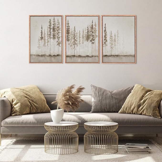 HPINUB Misty Forest Framed Canvas Wall Art Set, Foggy Pine Tree Wall Decor, Pastel Nature Landscape Wall Painting, Evergreen Coniferous Plant Art Print for Living Room, Bedroom, Office-24 x36 x3