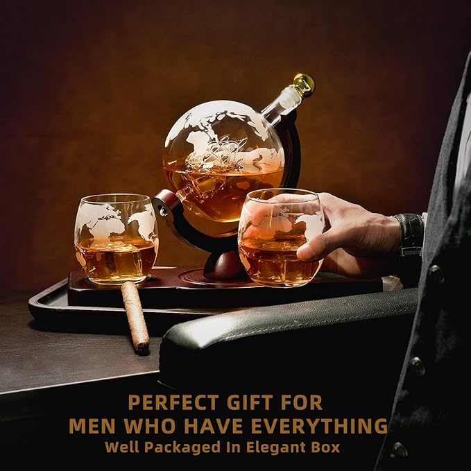 Gifts for Men Dad Husband from Wife Daughter Son, Unique Christmas Anniversary Birthday Gifts for Him, Whiskey Decanter Globe Set with 2 Glasses, Bourbon Scotch Liquor Cool Stocking Stuffers Presents