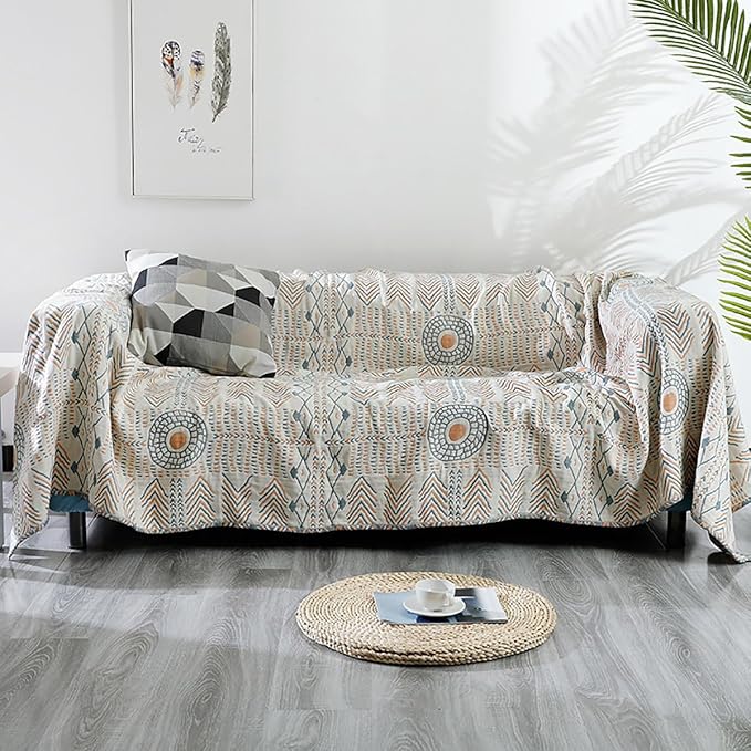 Boho Muslin Blanket for Adults 4-Layer Gauze 80 x 90 Inches Soft Cozy 100% Cotton Summer Cooling Blanket Geometric Stripe Decor for Sofa Bed Coverlet Both Sides (A Boho Stripe, 80 x 90 in)