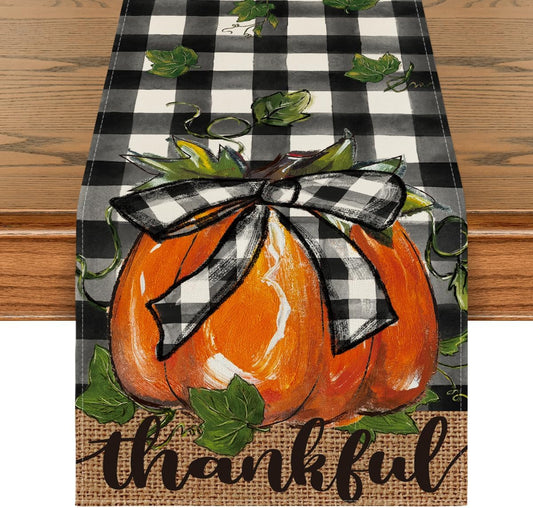 Artoid Mode Buffalo Plaid Bowknot Pumpkin Thankful Fall Table Runner, Autumn Thanksgiving Kitchen Dining Table Decoration for Home Party Decor 13x108 Inch