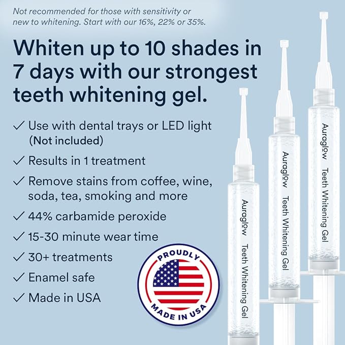 Auraglow 44% Teeth Whitening Gel Syringe Refill Pack, 44% Carbamide Peroxide, (3X) 5ml Syringes, 30 Whitening Treatments