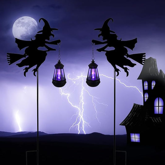 Fairy Garden Accessories Lawn Ornaments 1 Pair - Solar Lights Halloween Decorations Outdoor Garden Statue, Metal Stakes Decorative Figurines for Yard Decor, Patio (Witch)