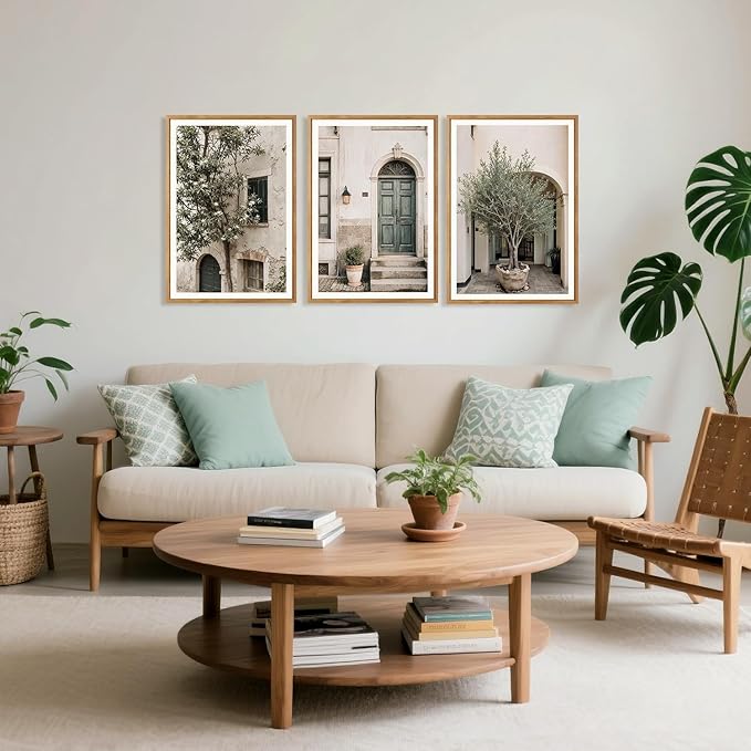 HPNIUB Large Vintage Italy City Landscape Framed Canvas Wall Art Set, Olive Green Tree Country Wall Decor, Modern Minimalist Countryside Villages Picture for Living Room,Bedroom,Office-16 x24 x3