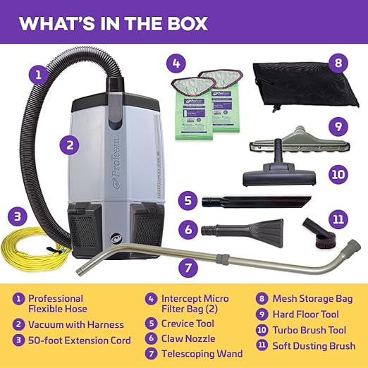 ProTeam Commercial Backpack Vacuum Cleaner, ProVac FS 6 Vacuum Backpack with HEPA Media Filtration and Residential Cleaning Service Kit, 6 Quart, Corded