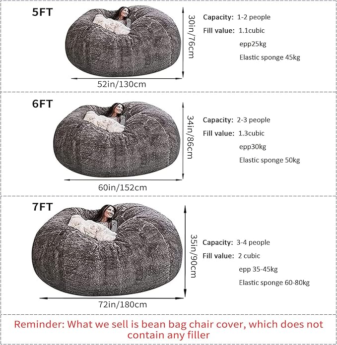 Big Huge Giant Bean Bag Chair for Adults, (No Filler) Bean Bag Chairs in Multiple Sizes and Colors Giant Foam-Filling Required- Machine Washable Covers, Double Stitched Seams (Khaki,7FT)