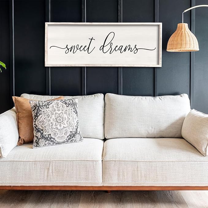 Sweet Dreams Wall Decor Above Bed 32''×12'' Master Bedroom Large Sweet Dreams Sign Farmhouse Wall Decor Guest Room Wood Rustic Framed Wall Art Hanging Decoration (White)