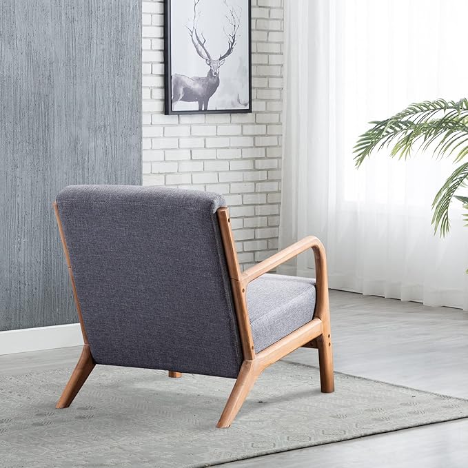 INZOY Mid-Century Modern Accent Chair Set of 2, Dark Grey Living Room Chairs with Waist Cushion, Upholstered Reading Armchair for Bedroom Sunroom