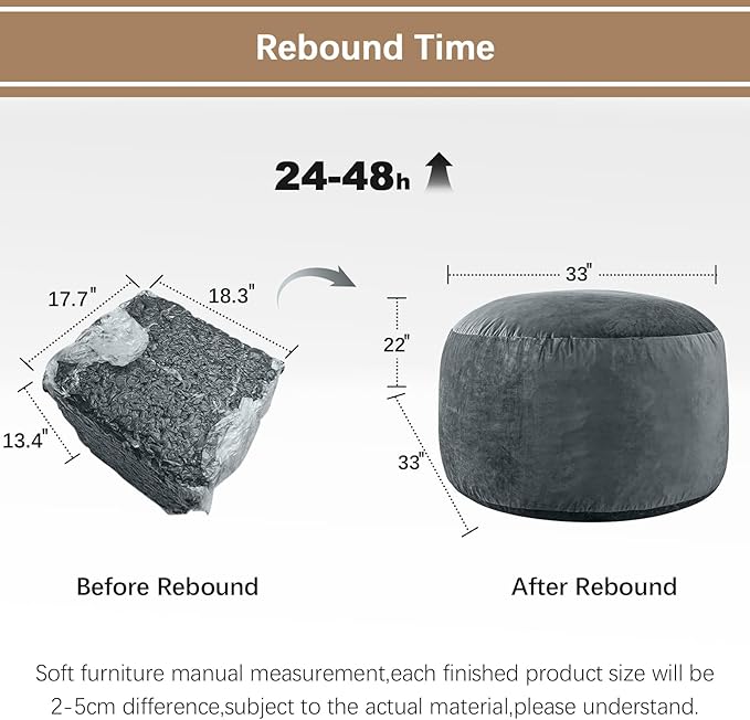 3 Feet Bean Bag Chair - BeanBag Chairs for Adults, Living Room Furniture Sofa with Soft Micro Fiber Cover, Round Fluffy Couch for Bedroom College Dorm - Grey