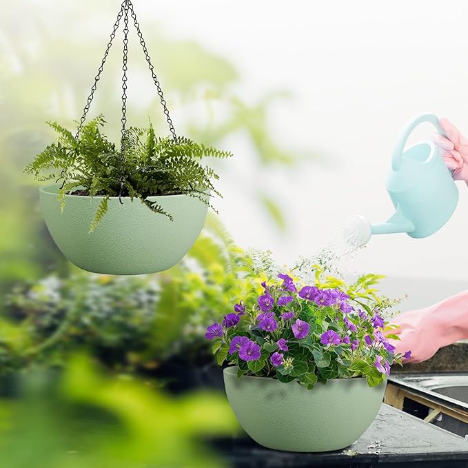 10 inch Hanging Planters for Outdoor Indoor Plants with Drainage Holes and Chain, 2 Pack Round Hanging Flower Pots for Garden Home Porch Decor,Green