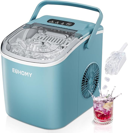 EUHOMY Countertop Ice Maker Machine with Handle, 26lbs Per Day, 9 Ice Cubes Ready in 6 Mins, Auto-Cleaning Portable Ice Maker with Basket and Scoop, for Home/Kitchen/Camping/RV (Blue)