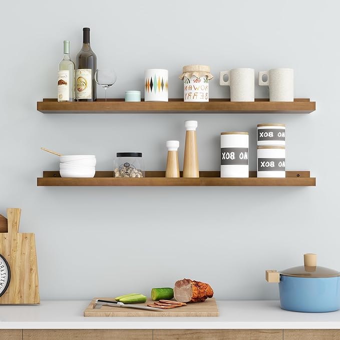 Picture Ledge Wall Shelves 36 inch Width Set of 2, Solid Pine Wood Rustic Floating Ledge Shelves for Wall for Kids' Room Bedroom Kitchen Bathroom Living Room Nursery Display Wall Decor, Walnut