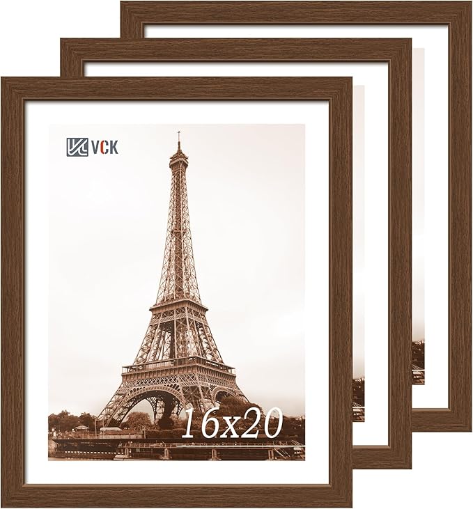 VCK 16x20 Picture Frames for Wall 3 Pack, Brown Wood Poster Frame with Exclusive Wood Grain, Wall Mounting Hanging