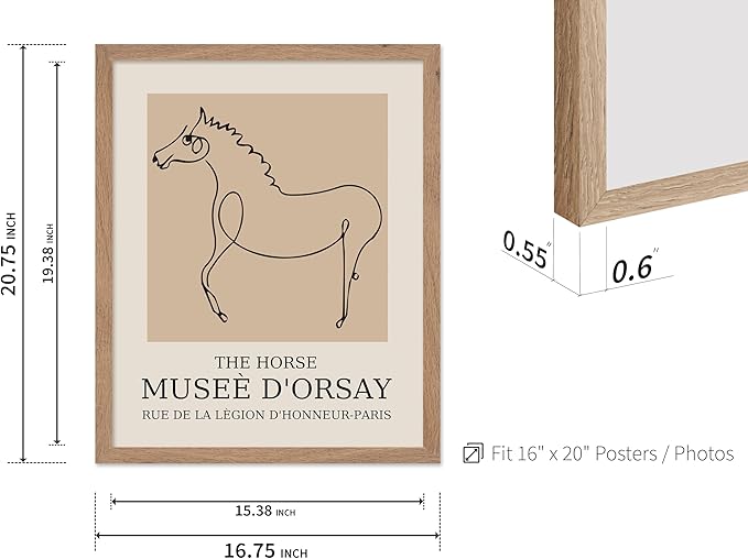 Poster Master Vintage Poster - Retro Minimalist Print - Gift for Artist, Friend - Horse, Line Drawing, Sketch, Abstract - Wall Decor for Living Room, Bedroom, 16x20 Beige Framed