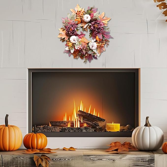 20Inch Fall Wreaths for Front Door,Fall Wreath,Fall Decorations for Home,Autumn Wreaths with White Pumpkins Peony Pine Cones, Fall Door Wreath for Thanksgiving Halloween Indoor Outdoor Decor